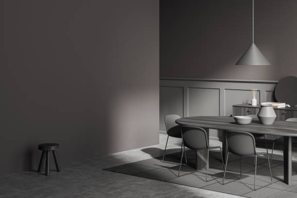 istock Dark meeting room interior with table and chairs, drawer. Copy space 1432013377