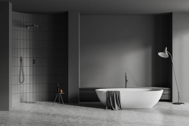 istock Grey bathroom interior with bathtub and douche. Mockup empty wall 1432013516