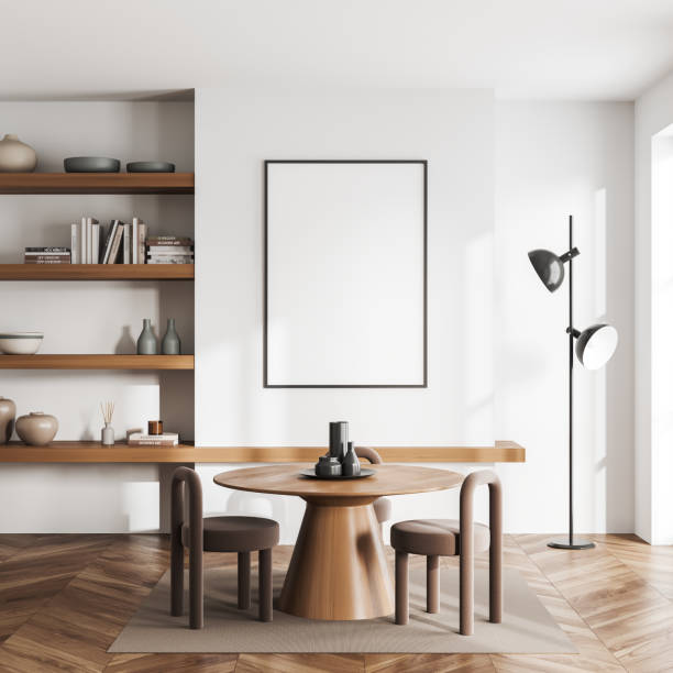 istock Light living room interior with table and chairs, shelf with decor. Mockup frame 1432013563