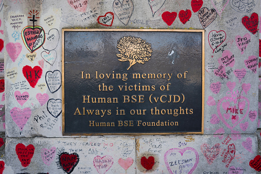 London memorial plate for the victims of Human BSE vCJD with heart shapes hand painted on the wall near the westminster bringe in Central London