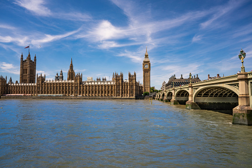 London Big Ben tower and Westminster bridge over Thames river England UK Great Britain, United Kingdom