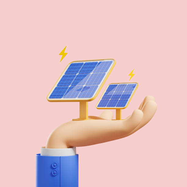 mano de dibujos animados con estación de paneles solares sobre fondo rosa - human hand digitally generated image energy green fotografías e imágenes de stock