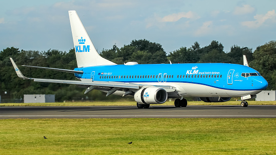 Manchester Airport, United Kingdom - 1 September, 2022: KLM Boeing 737 (PH-BXV) arriving from Amsterdam, Netherlands.