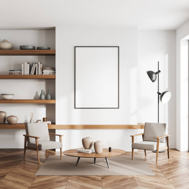 istock Front view on bright living room interior with white poster 1432014582