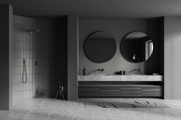 istock Grey bathroom interior with washbasin and douche, accessories 1432014624