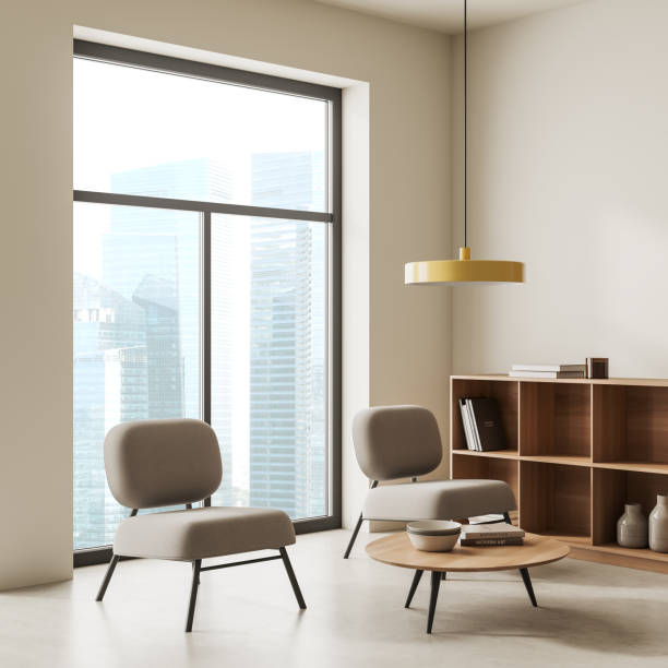 istock Light living room interior with seats and decoration, panoramic window 1432014673