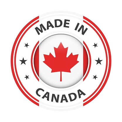 Made in Canada badge vector. Sticker with stars and national flag. Sign isolated on white background.