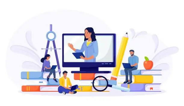 Vector illustration of E-learning, Online education at home by webinar training. Young people using laptop for distance studying. Guys sitting on pile of books and reading. Business training, study guides, exam preparation