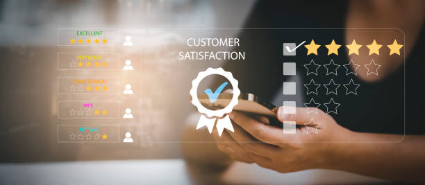 istock Woman touch smartphone with Customer review satisfaction feedback survey concept, User give rating to service experience on online application, service leading to reputation ranking of business. 1432018788
