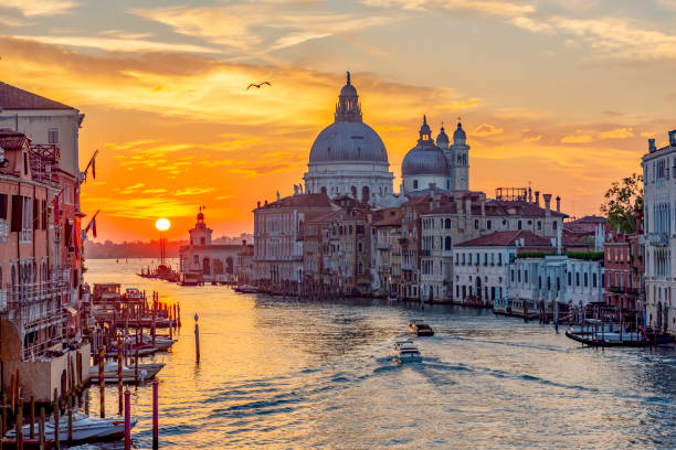 wenecki kanał grande i kościół santa maria della salute o wschodzie słońca, włochy - venice italy canal grand canal italy zdjęcia i obrazy z banku zdjęć