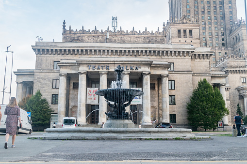 Warsaw, Poland - August 14, 2022: Fountain at Teatr Lalka near Palace of Culture and Science.