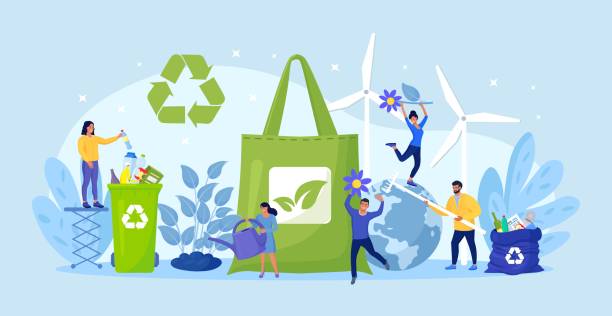 illustrazioni stock, clip art, cartoni animati e icone di tendenza di persone che usano sacchetti ecologici, che separano i rifiuti di plastica per il riciclaggio. shopping ecologico. zero rifiuti. utilizzare borse riutilizzabili per salvare l'ambiente terrestre e ridurre l'inquinamento delle risorse. scelta sostenibile natu - water conservation illustrations