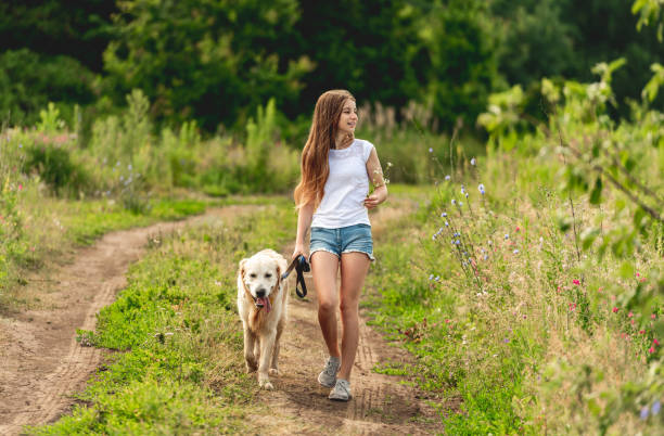 istock Girl running with dog on nature 1432024385