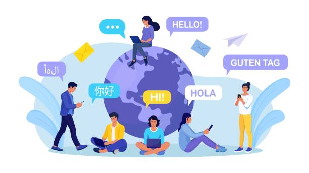 ilustraciones, imágenes clip art, dibujos animados e iconos de stock de jóvenes chateando en idiomas extranjeros con teléfono. saludo multilingüe. hola en diferentes idiomas. culturas diversas, comunicación internacional. estudiantes con burbujas de habla y planeta tierra - multilingual