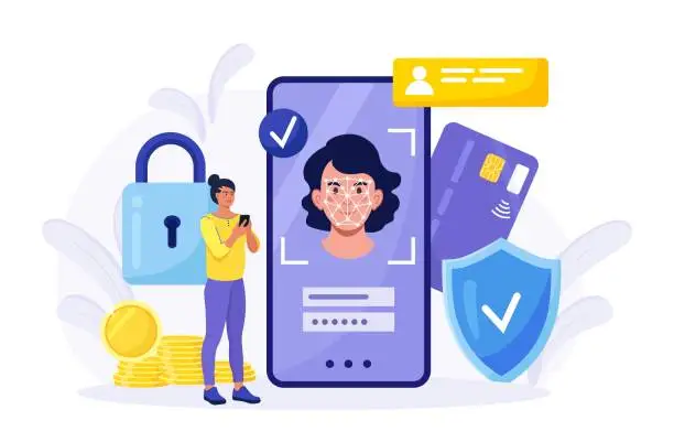 Vector illustration of Face recognition and data safety. Woman getting access to data after biometrical checking. Person holds phone and scans the  face with mobile application. Biometric identification, face ID system