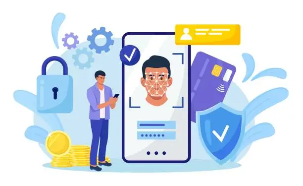 Vector illustration of Face recognition and data safety. Man getting access to data after biometrical checking. Person holds phone and scans the  face with mobile application. Biometric identification, face ID system