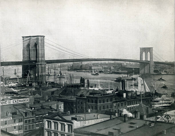 brooklyn bridge und manhattan, new york - neunzehntes jahrhundert stock-fotos und bilder