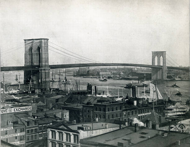 puente de brooklyn de nueva york en manhattan - siglo xix fotografías e imágenes de stock