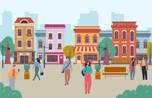 City street small town walk building people walking abstract concept. Vector graphic illustration