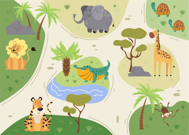 ilustrações de stock, clip art, desenhos animados e ícones de jungle africa safari animal park plan map abstract concept. vector graphic design illustration - safari animals africa animals in the wild hippopotamus