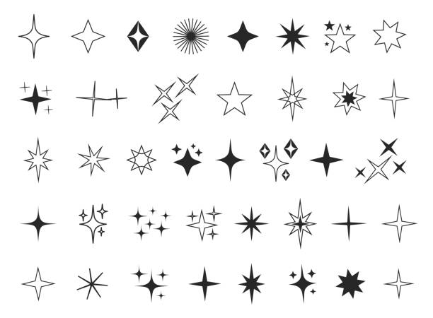ilustraciones, imágenes clip art, dibujos animados e iconos de stock de star starburst brilla en la línea espacial de la colección de conjuntos aislados. ilustración de elementos de diseño gráfico vectorial - estrellas