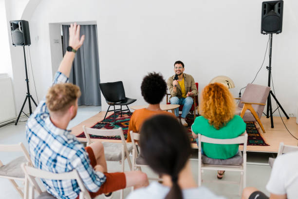 istock Group of diverse business people on panel discussion 1432032769