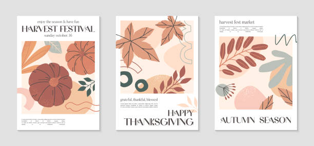 illustrations, cliparts, dessins animés et icônes de bonne journée de thanksgiving et affiches de récolte avec citrouilles, feuillage et espace de copie pour le texte. couvertures d’automne modernes - invitation elegance dinner backgrounds