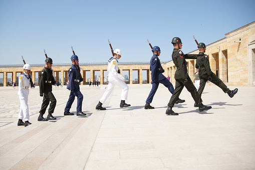 ANKARA, TURKIYE - JUNE 05, 2022: Soldiers march for changing of the guard ceremony in Anitkabir where is the mausoleum of Ataturk, the founder and first President of the Republic of Turkiye.
