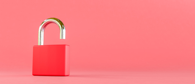 3D illustration. Open padlock on an red background. Security and data protection concept.