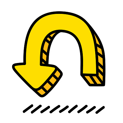 Vector illustration of a hand drawn yellow U-turn arrow against a white background.
