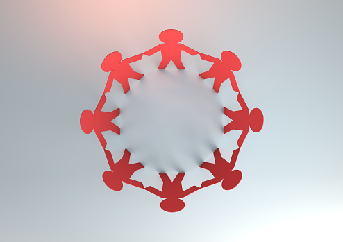 3D illustration of silhouette of people united as paper cut out and holding hands in a circle. Top view