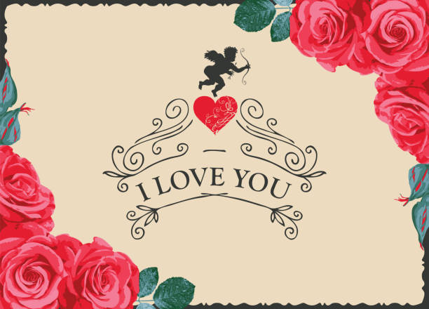 レトロなスタイルであなたを愛している言葉のバレンタインカード - cupid love red affectionate点のイラスト素材／クリップアート素材／マンガ素材／アイコン素材