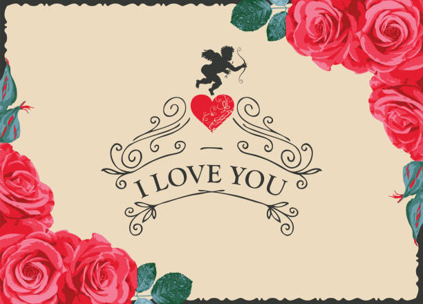 Valentine card with words I Love you in retro style Romantic Valentine card with words I Love you in retro style. Vector greeting card or postcard on the theme of declaration of love with roses, heart, and cupid with bow and arrow i love you stock illustrations