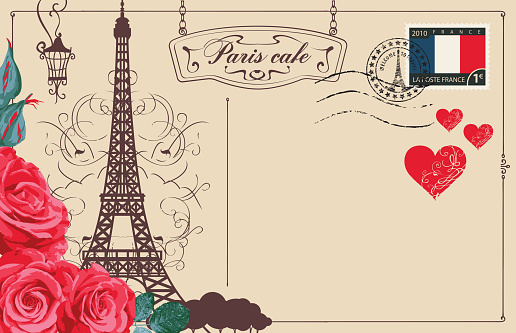 Retro postcard with Eiffel tower in Paris, France. Romantic vector postcard in vintage style with red hearts and roses, rubber stamp and words Paris cafe