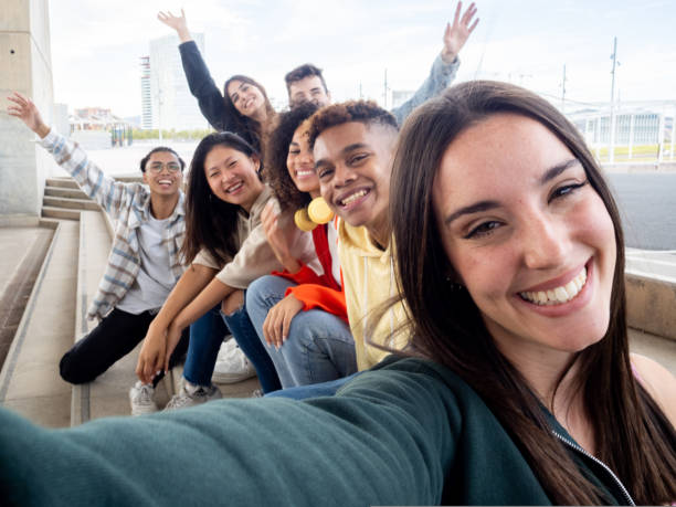 istock Group of diverse millennial friends having a good time. Selfie perspective 1432042533