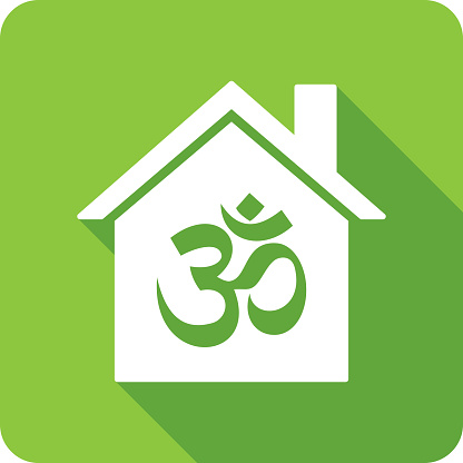Vector illustration of a house with om icon against a green background in flat style.