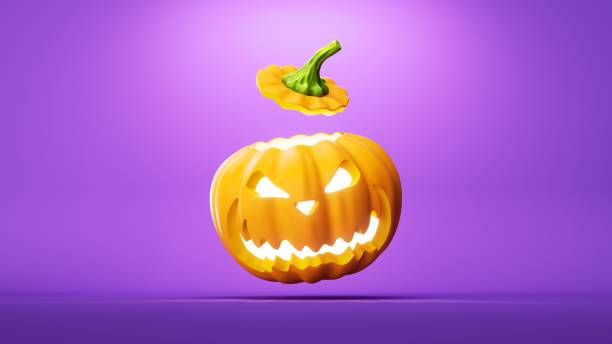 istock 3d render, pumpkin jack lantern with scary face, Halloween clip art isolated on purple background 1432051119