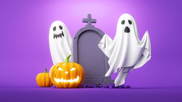 istock 3d render, halloween illustration with flying white ghosts pumpkin jack lantern and tombstone, festive clip art isolated on purple background 1432051143