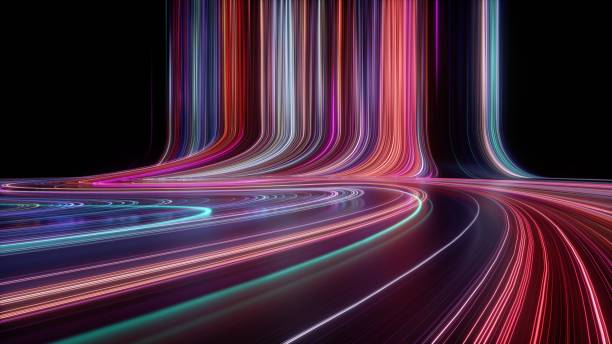 istock 3d render, abstract background with glowing neon curvy lines. Modern wallpaper with colorful spectrum 1432051869
