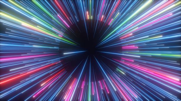 istock 3d render, abstract background with colorful firework, neon glowing lines and falling stars. Black hole and meteor shower 1432051879