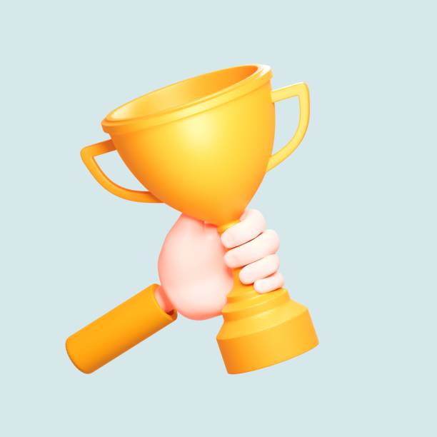 istock Cartoon character hand holding victory prize cup trophy. 3d illustration 1432054633