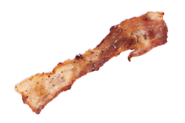 istock Cooked slices of bacon isolated on white background 1432058025