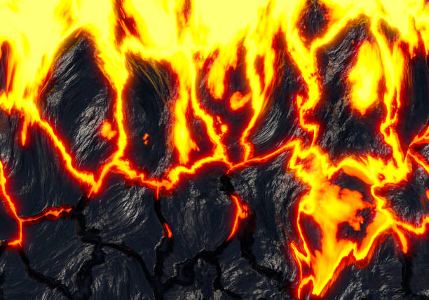 istock Realistic lava flame on black ash background. Texture of molten magma surface 1432058058