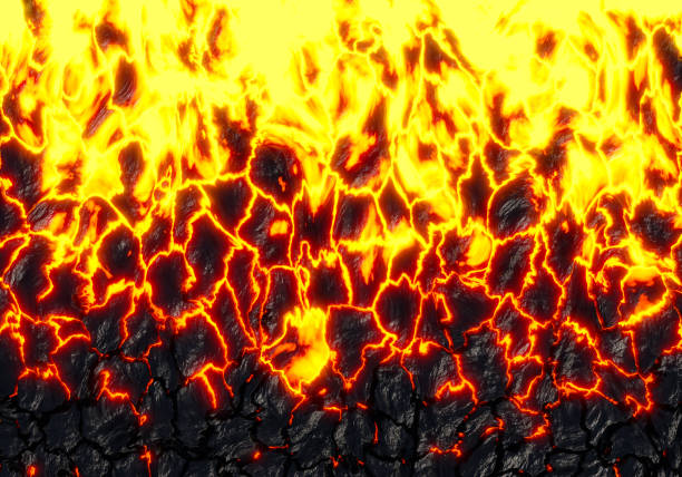 istock Realistic lava flame on black ash background. Texture of molten magma surface 1432058060