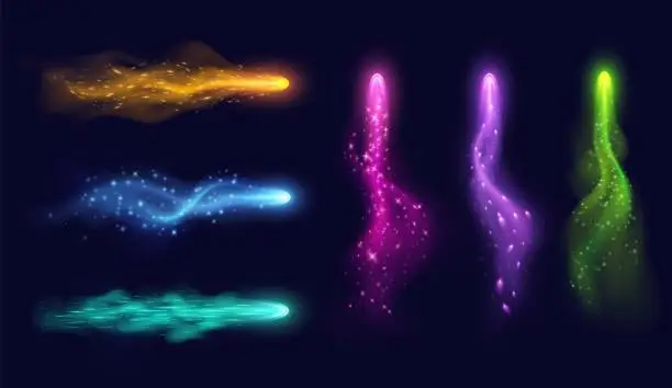 Vector illustration of Vfx arrow effect, magic light trails with colorful haze and sparkles, realistic witch spell blast in motion.