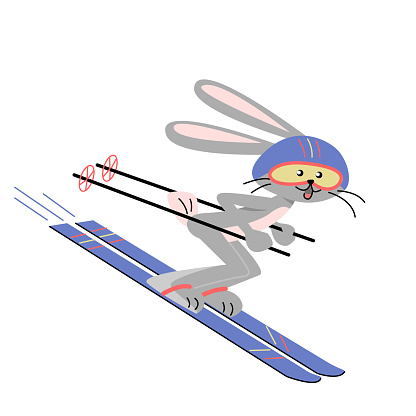 Happy rabbit skiing downhill . Vector isolated colorful illustration in flat style.