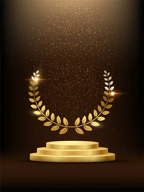 Vector illustration of Golden podium with laurel glowing. Gold stage with glitter and light fog on dark background. Hollywood fame in film and cinema or championship in sport vector illustration