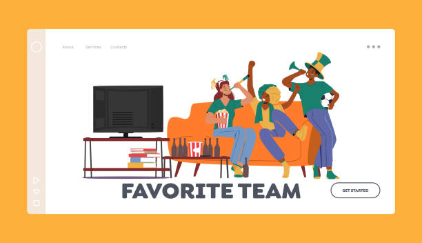 Favorite Team Landing Page Template. Football Fans Cheer and Watching Match Sit on Couch at Home. Excited Friends Group Favorite Team Landing Page Template. Football Fans Cheering and Watching Match Sit on Couch at Home. Excited Friends Group with Flag Fun on Sport World Championship. Cartoon People Vector Illustration men watching soccer game stock illustrations