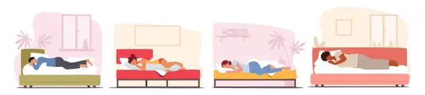 Vector illustration of Set Of Sleeping Men And Women, People Lying In Bed Side View. Nighttime Relaxation, Male And Female Characters Sleep