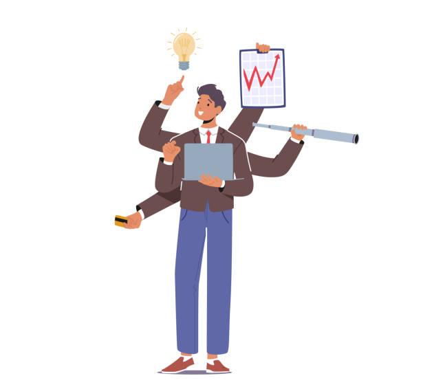 Businessman With Many Arms Holding Office Supplies and Doing Many Tasks At The Same Time. Multitasking, Time Management Businessman With Many Arms Holding Office Supplies and Doing Many Tasks At The Same Time. Multitasking, Effective Time Management, Productivity Concept. Cartoon People Vector Illustration arm span stock illustrations